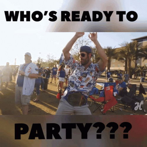 A Man Is Dancing In Front Of A Crowd With The Words " Who 'S Ready To Party " GIF