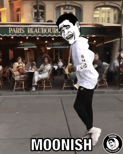 A Man Is Dancing In Front Of A Restaurant That Says Moonish GIF