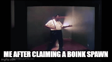 A Man Is Dancing In Front Of A Television With The Words `` Me After Claiming A Boink Spawn '' Written Below Him . GIF