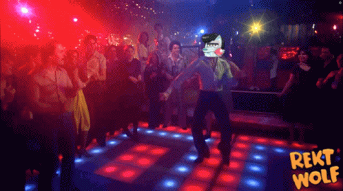 A Man Is Dancing On A Dance Floor With A Sign That Says ' Reiki Wolf ' GIF