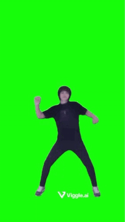 A Man Is Dancing On A Green Screen With His Hands In The Air . GIF