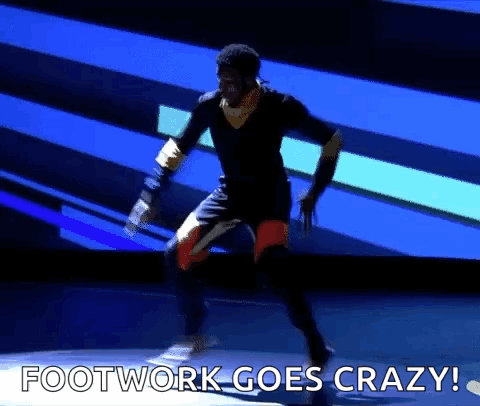 A Man Is Dancing On A Stage With The Words `` Footwork Goes Crazy '' Written On The Bottom . GIF