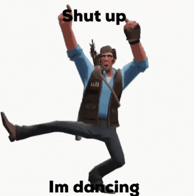 A Man Is Dancing With His Arms In The Air And The Words `` Shut Up I 'M Dancing '' Below Him . GIF