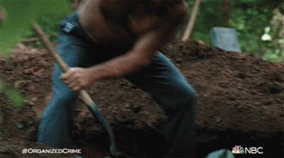 A Man Is Digging A Hole With A Shovel And The Words Organized Crime On The Bottom GIF