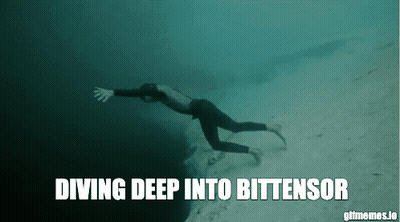 A Man Is Diving Deep Into The Ocean With The Words Diving Deep Into Bittensor Below Him GIF