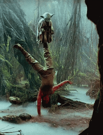 A Man Is Doing A Handstand In A Swamp While Holding A Toy Yoda GIF