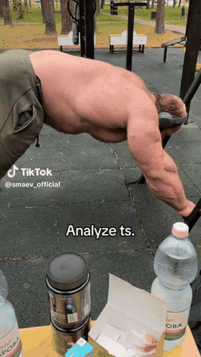 A Man Is Doing Push Ups In A Park With A Caption That Says Analyze Ts. GIF