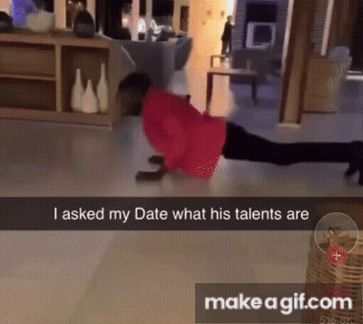 A Man Is Doing Push Ups On The Floor In A Living Room And Says I Asked My Date What His Talents Are GIF