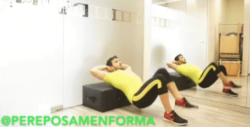 A Man Is Doing Sit Ups In Front Of A Mirror With The Words Pereposamenforma On The Bottom Right GIF