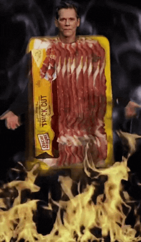 A Man Is Dressed As A Package Of Bacon GIF