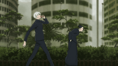 A Man Is Drinking From A Bottle While A Woman Stands Behind Him GIF