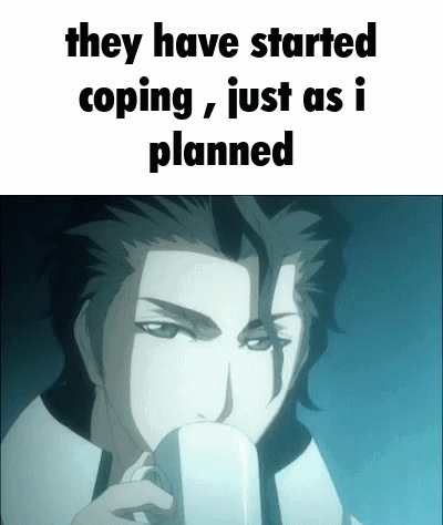 A Man Is Drinking From A Cup With The Words `` They Have Started Coping , Just As I Planned '' . GIF