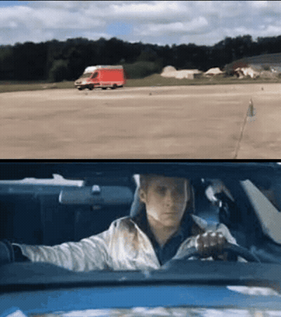 A Man Is Driving A Car And A Red Van Is Driving Behind Him GIF