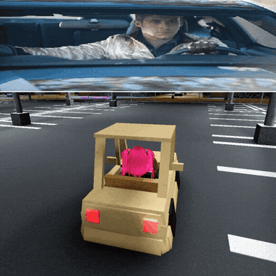A Man Is Driving A Car In A Parking Lot With A Girl In The Back Seat GIF