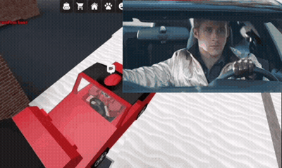 A Man Is Driving A Car In A Video Game With A Red Truck Behind Him GIF
