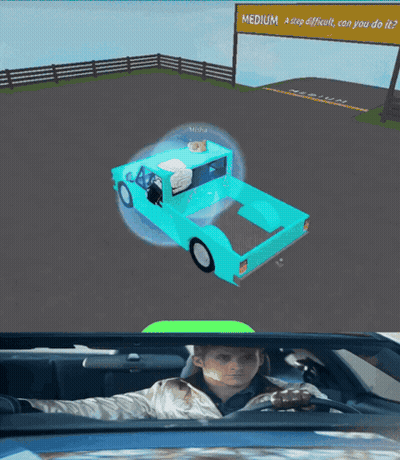 A Man Is Driving A Car In Front Of A Sign That Says Medium A Step Difficult Can You Do It GIF