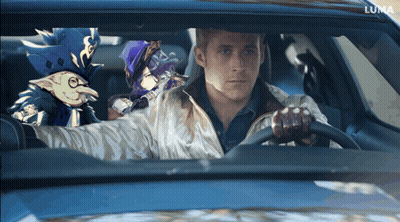A Man Is Driving A Car With A Luma Logo On The Bottom GIF