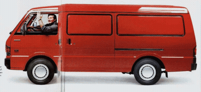 A Man Is Driving A Red Van That Says Mitsubishi On It GIF