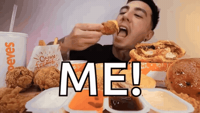 A Man Is Eating A Chicken Nugget From A Popeye 'S Menu GIF