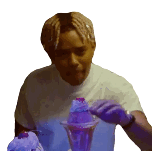 A Man Is Eating A Purple Ice Cream Sundae With A Cherry On Top Sticker
