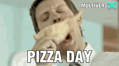 A Man Is Eating A Slice Of Pizza With The Words Pizza Day Written Above Him GIF