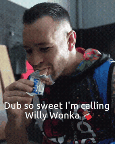 A Man Is Eating A Yogurt Bar With The Words Dub So Sweet I 'M Calling Willy Wonka GIF