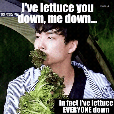 A Man Is Eating Lettuce With A Caption That Says `` In Fact I 'Ve Lettuce Everyone Down '' . GIF