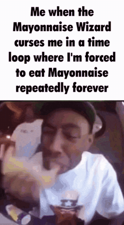 A Man Is Eating Mayonnaise In A Loop Where He 'S Forced To Eat Mayonnaise Repeatedly Forever . GIF