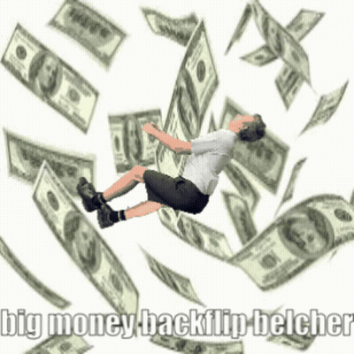 A Man Is Falling Into A Pile Of Money With The Words Big Money Backflip Belcher Below Him GIF