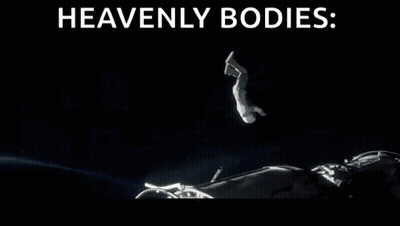 A Man Is Falling Through The Air With The Words " Heavenly Bodies " Written Above Him GIF