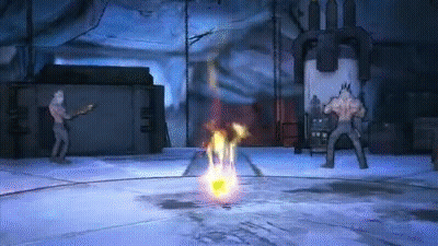 A Man Is Fighting Another Man In A Video Game With A Fireball In The Background . GIF