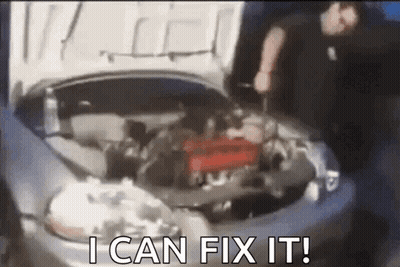 A Man Is Fixing The Engine Of A Car With The Hood Open . GIF