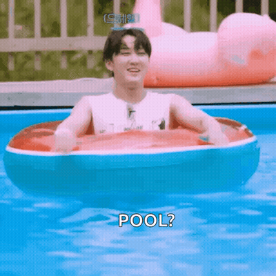 A Man Is Floating In An Inflatable Raft In A Swimming Pool And Asking , `` Pool ? '' GIF