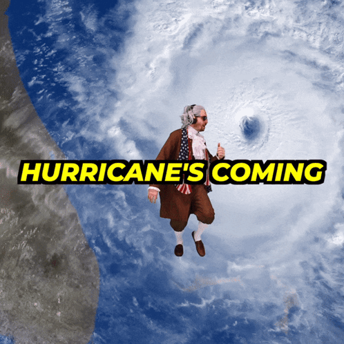 A Man Is Flying In Front Of A Hurricane And The Words Hurricane 'S Coming Are Above Him GIF
