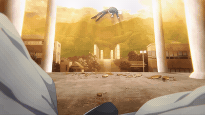 A Man Is Flying Through The Air In A Cartoon GIF