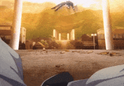 A Man Is Flying Through The Air In A Cartoon . GIF