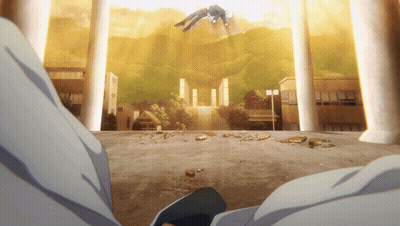 A Man Is Flying Through The Air In Front Of A Building With A Mountain In The Background GIF