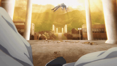 A Man Is Flying Through The Air In Front Of A Building With A Sunset In The Background GIF