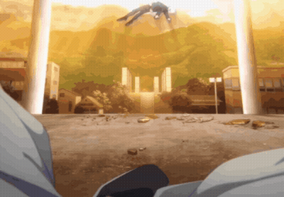A Man Is Flying Through The Air In Front Of Buildings GIF