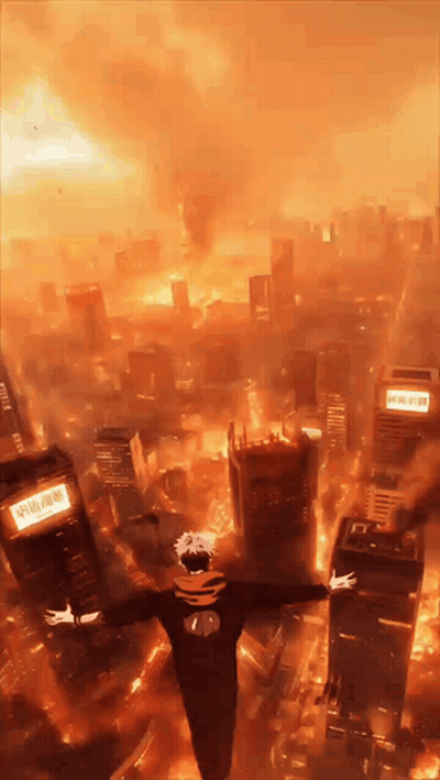 A Man Is Flying Through The Air Over A City On Fire GIF