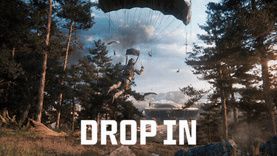 A Man Is Flying Through The Air With A Parachute And The Words Drop In Below Him GIF