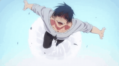A Man Is Flying Through The Air With His Arms Outstretched And Screaming . GIF