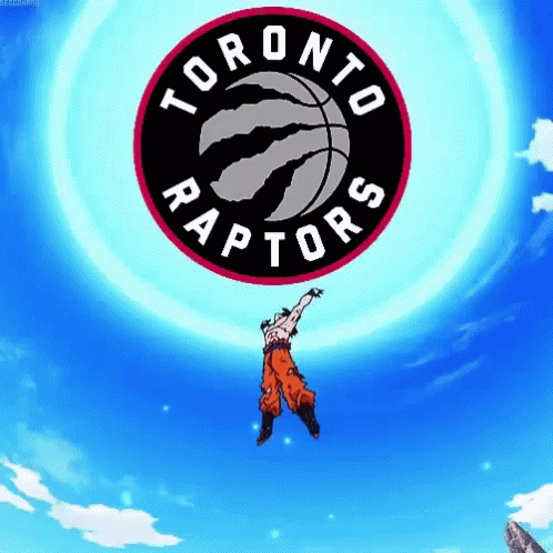 A Man Is Flying Through The Air With The Toronto Raptors Logo In The Background GIF