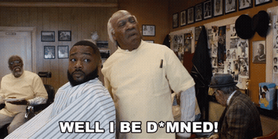 A Man Is Getting His Hair Cut By A Barber And Says Well I Be Damned GIF