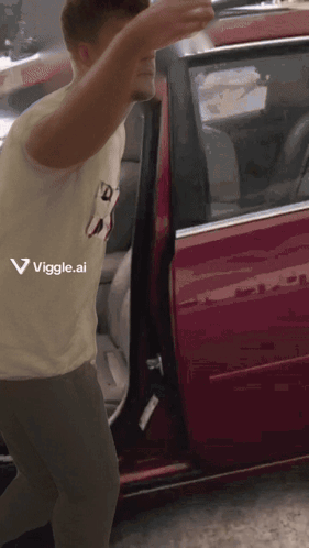 A Man Is Getting Out Of A Red Car With A Viggle.ai Logo On The Bottom Right GIF