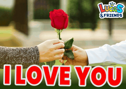 A Man Is Giving A Red Rose To A Woman With The Words I Love You Written On The Bottom GIF