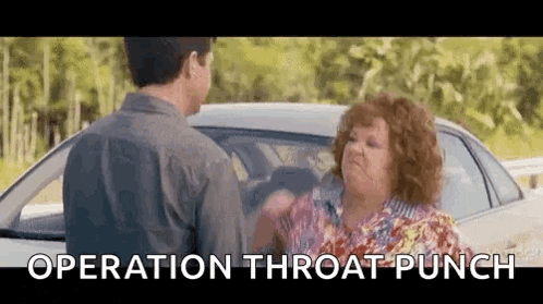A Man Is Giving A Woman A Throat Punch While Sitting In A Car . GIF