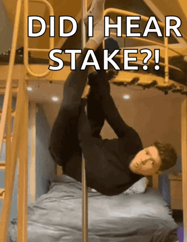 A Man Is Hanging Upside Down On A Pole With The Caption Did I Hear Stake ? GIF