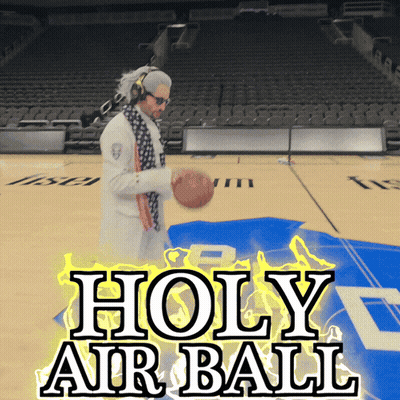 A Man Is Holding A Basketball On A Basketball Court With The Words Holy Air Ball Above Him GIF
