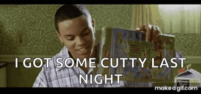 A Man Is Holding A Book In His Hand And Saying `` I Got Some Cutty Last Night '' . GIF